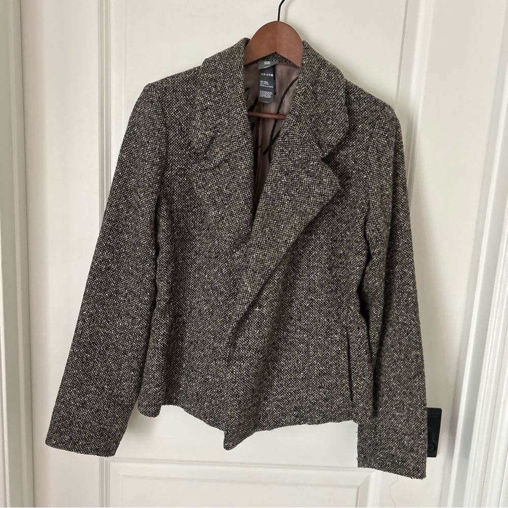 Lilith Vintage Wool Blend Brown Tweed Cropped Open Front Fitted Blazer Size S/38